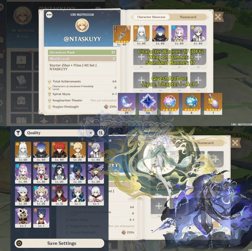 ASIA | AR 31 | Starter Zibai + Flins + Diluc | All Set | MC Aether