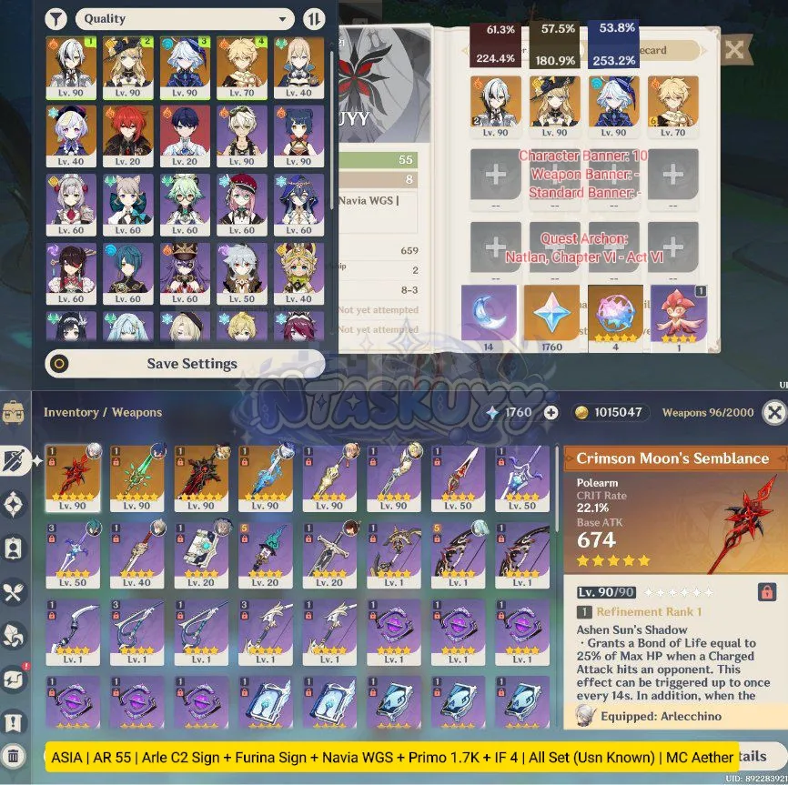 ASIA | AR 55 | Arle C2 Sign + Furina Sign + Navia WGS + Primo 1.7K + IF 4 | All Set | MC Aether