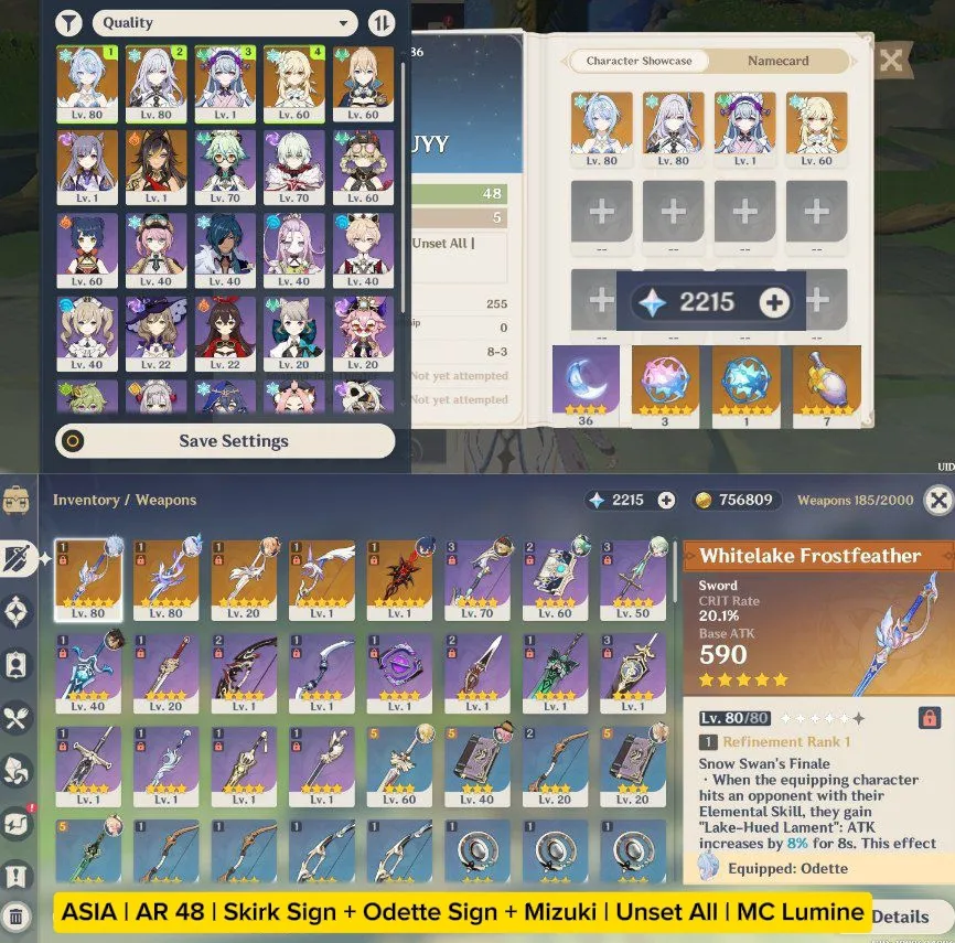 ASIA | AR 48 | Skirk Sign + Odette Sign + Mizuki | Unset All | MC Lumine