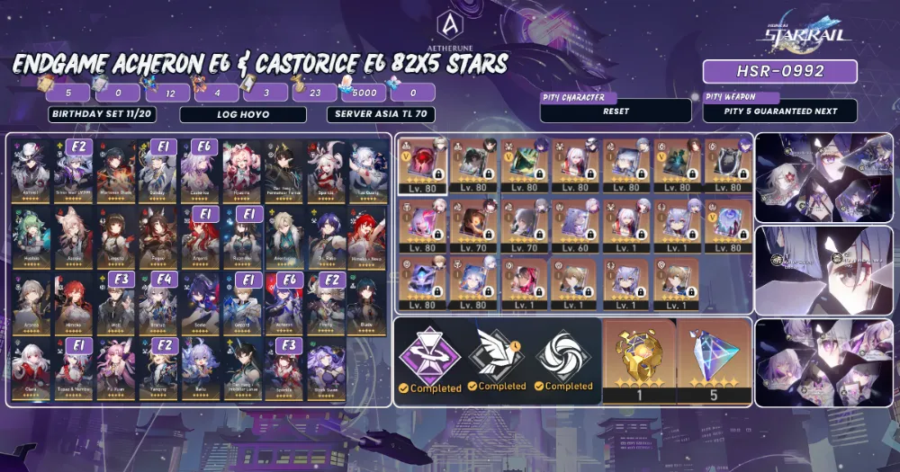 ASIA TL70|FMC|Castorice E6S1+Acheron E6S1+Silver Wolf 999 E2+Himeko Nova+Sunday E1S1+Sparkle E3S1|92