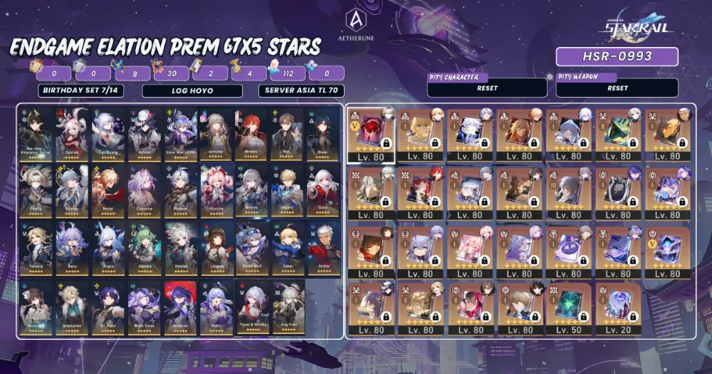 ASIA TL70|FMC|Silver Wolf 999 S1+Yao Guang+Sparxie+Dan Heng PT+Sunday S1+Castorice S1+Phainon S1|93