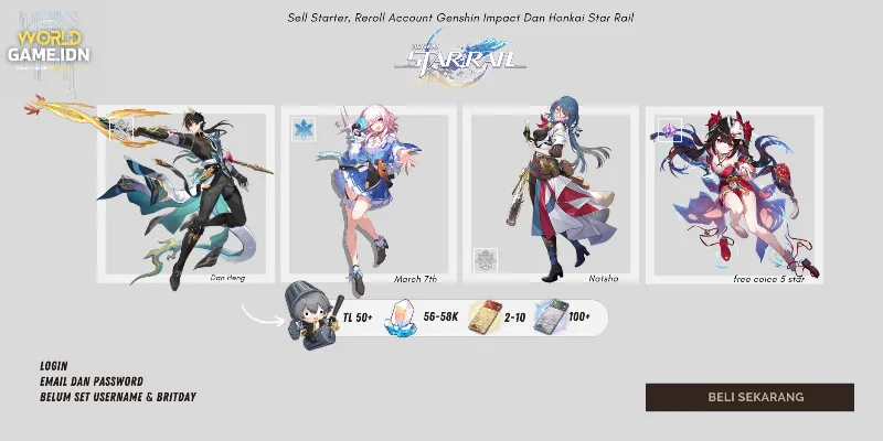 [Asia] Account Reroll Honkai Star Rail 56.000-58.000 jade Mc Male