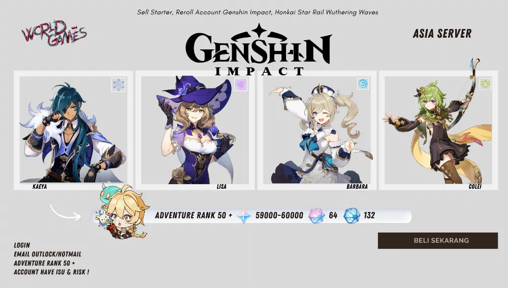 [Asia] Account Reroll 59-60k Primogem IF 63 AF 110+ Adventure Rank 50 | MALE