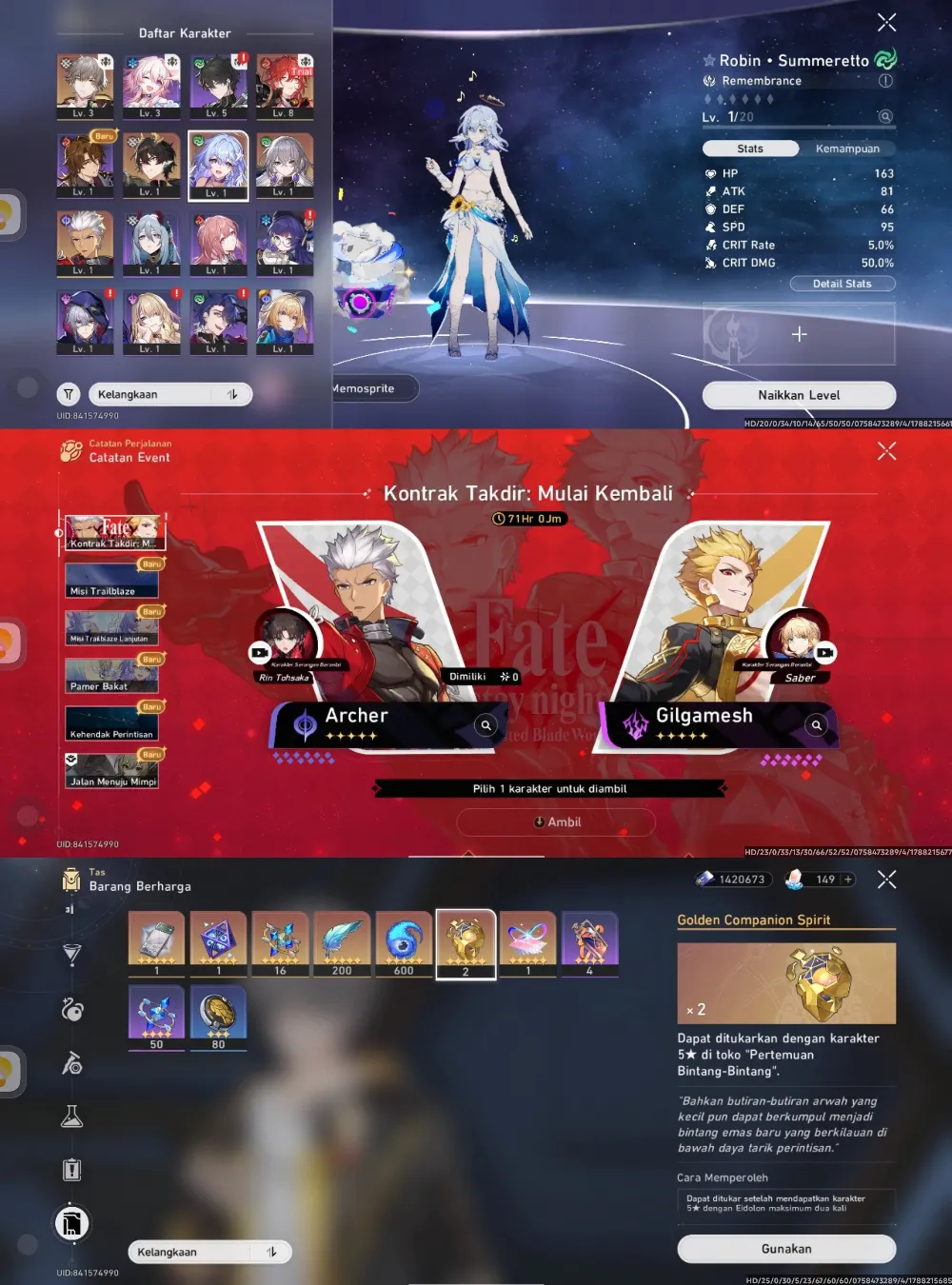 Robin SP, Arcer, Danheng PT, Selector collab, golden companion x2