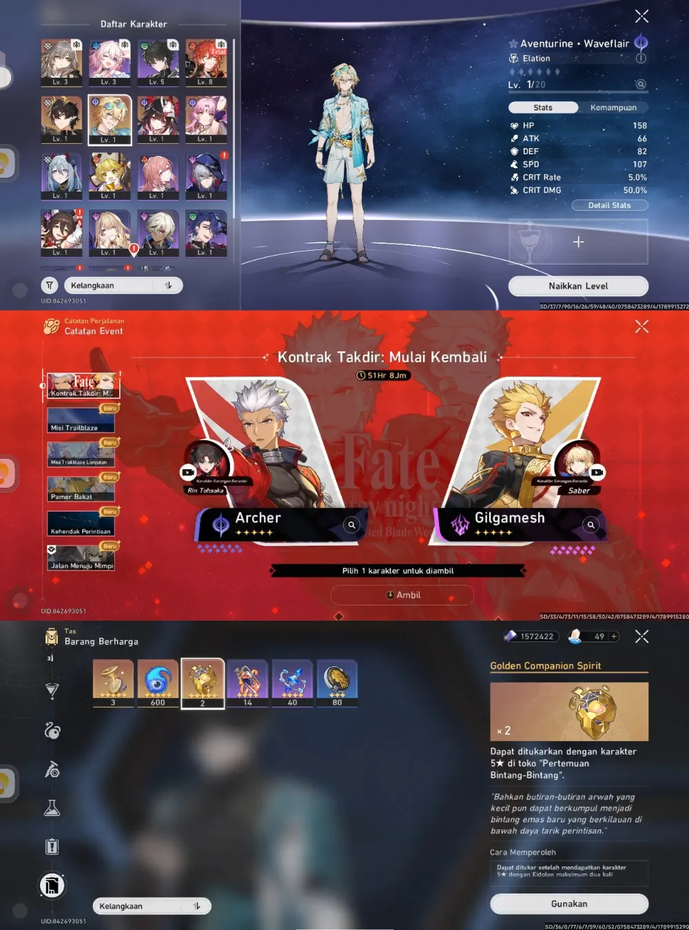 Aventurine SP, Dangeng PT, Sparkle, Selector collab, Golden companion x2