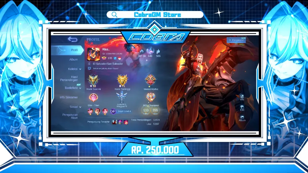 Akun Mobile Legends Skin 295 | Grand 3 | Exquisite 4 | Epic 41 | Special 58 | Common 173