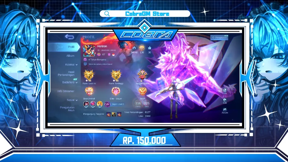 Akun Mobile Legends Skin 225 - Exquisite 2 - Epic 33 - Special 52 - Common 121