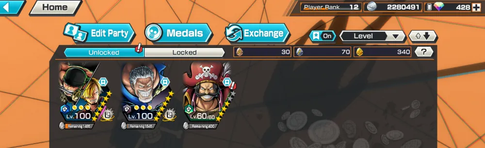 Akun 3 Extreme | Zoro-Sanji *6 & Garp *6 | Good Medal | Char BF Lainnya Banyak
