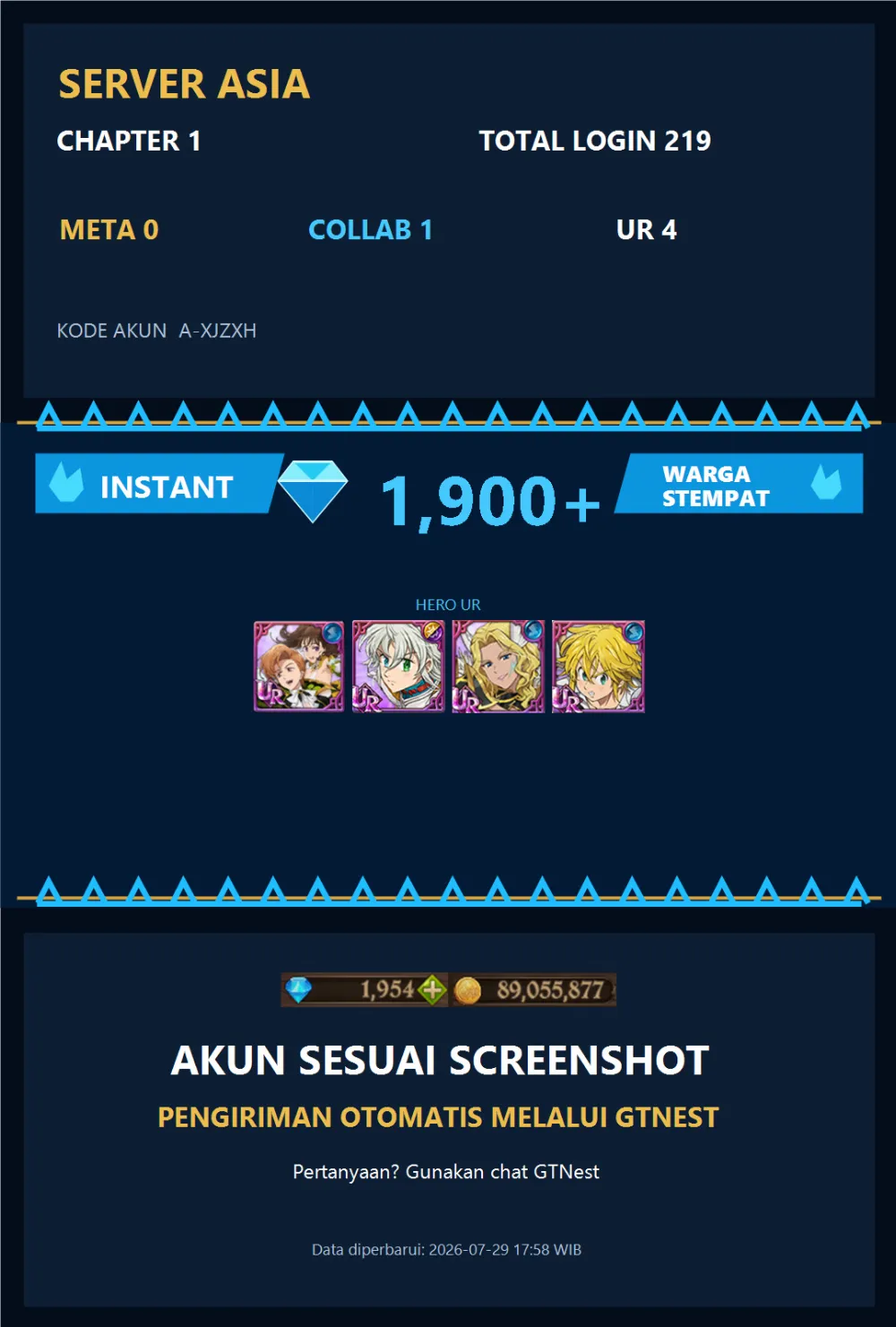 ASIA 1900💎 | DIANE KING TRISTAN | A-XJZXH | AKUN GACHA STARTER TIMBUNAN 7DS