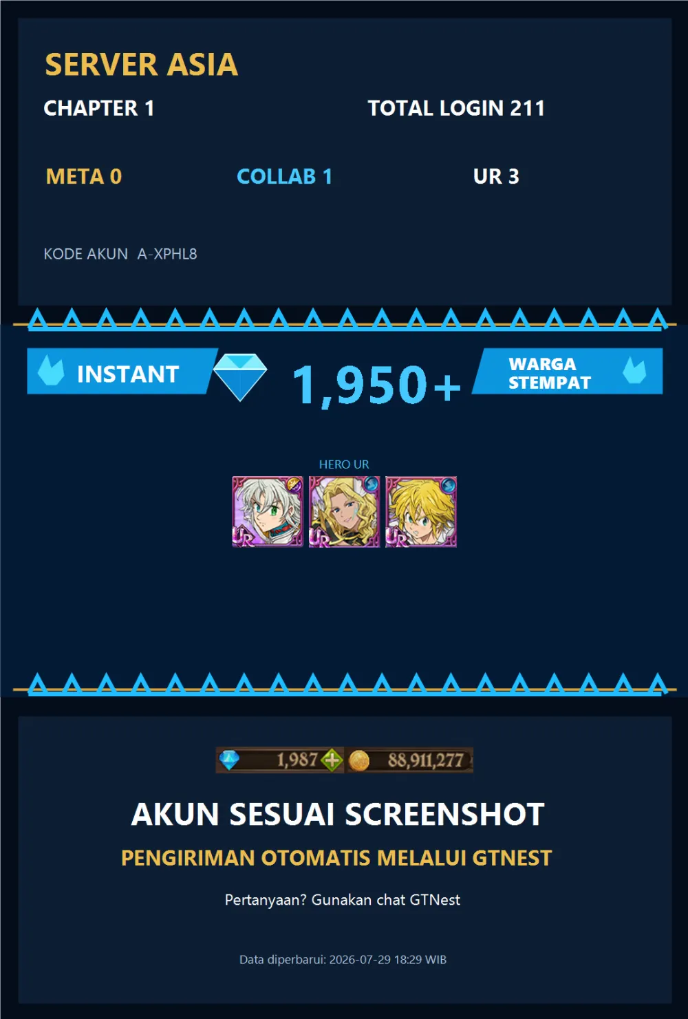 ASIA 1950💎 | TRISTAN | A-XPHL8 | AKUN GACHA STARTER TIMBUNAN 7DS