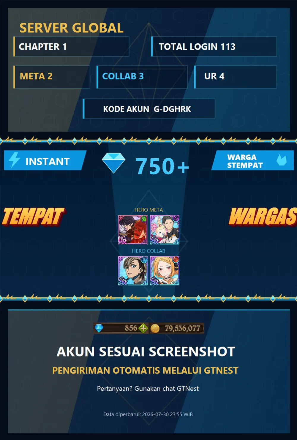 GLOBAL 750💎 | SUBARU BEATRICE MENOR | G-DGHRK | AKUN GACHA STARTER TIMBUNAN 7DS