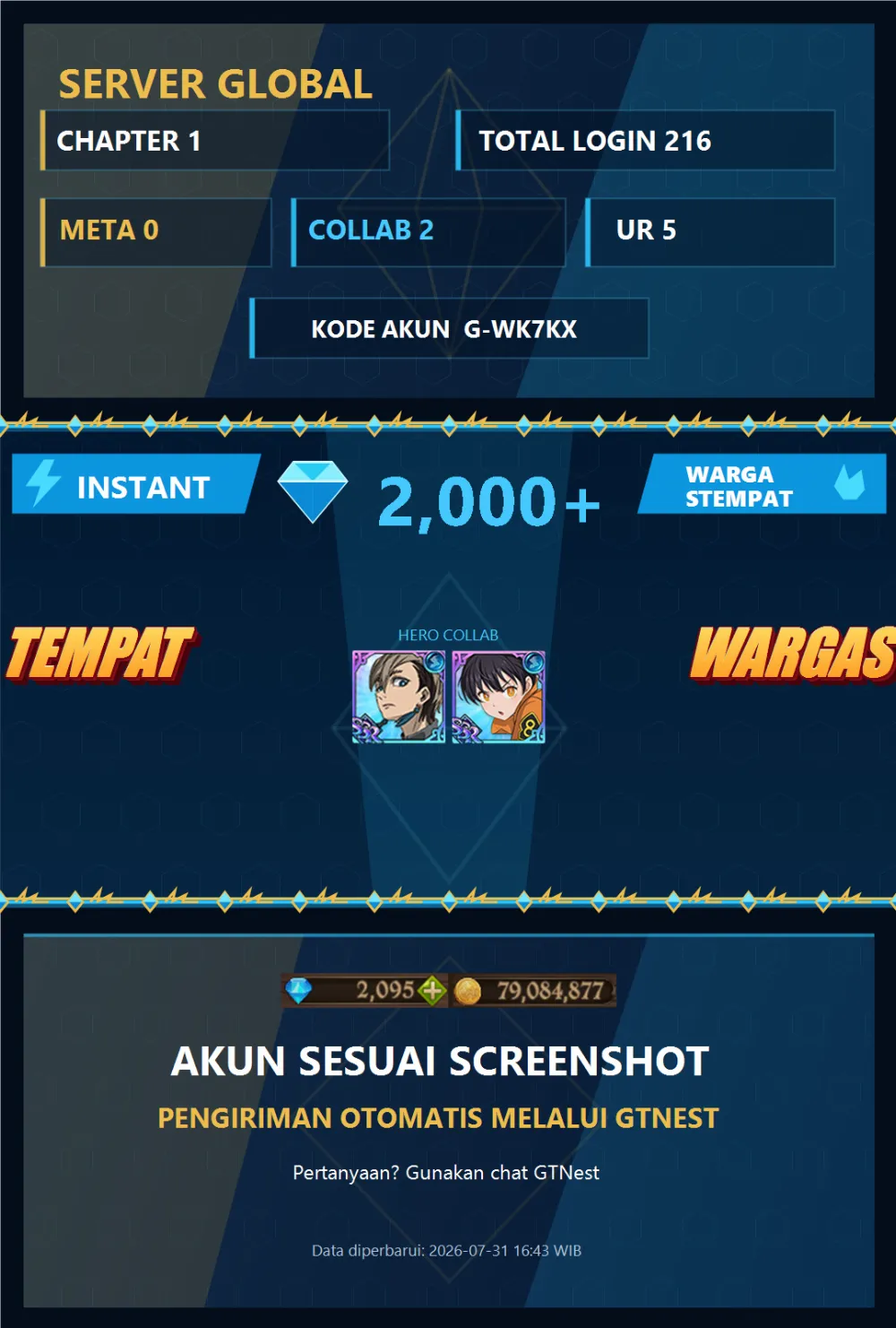 GLOBAL 2000💎 | TRISTAN DIANE KING TAMAKI | G-WK7KX | AKUN GACHA STARTER TIMBUNAN 7DS