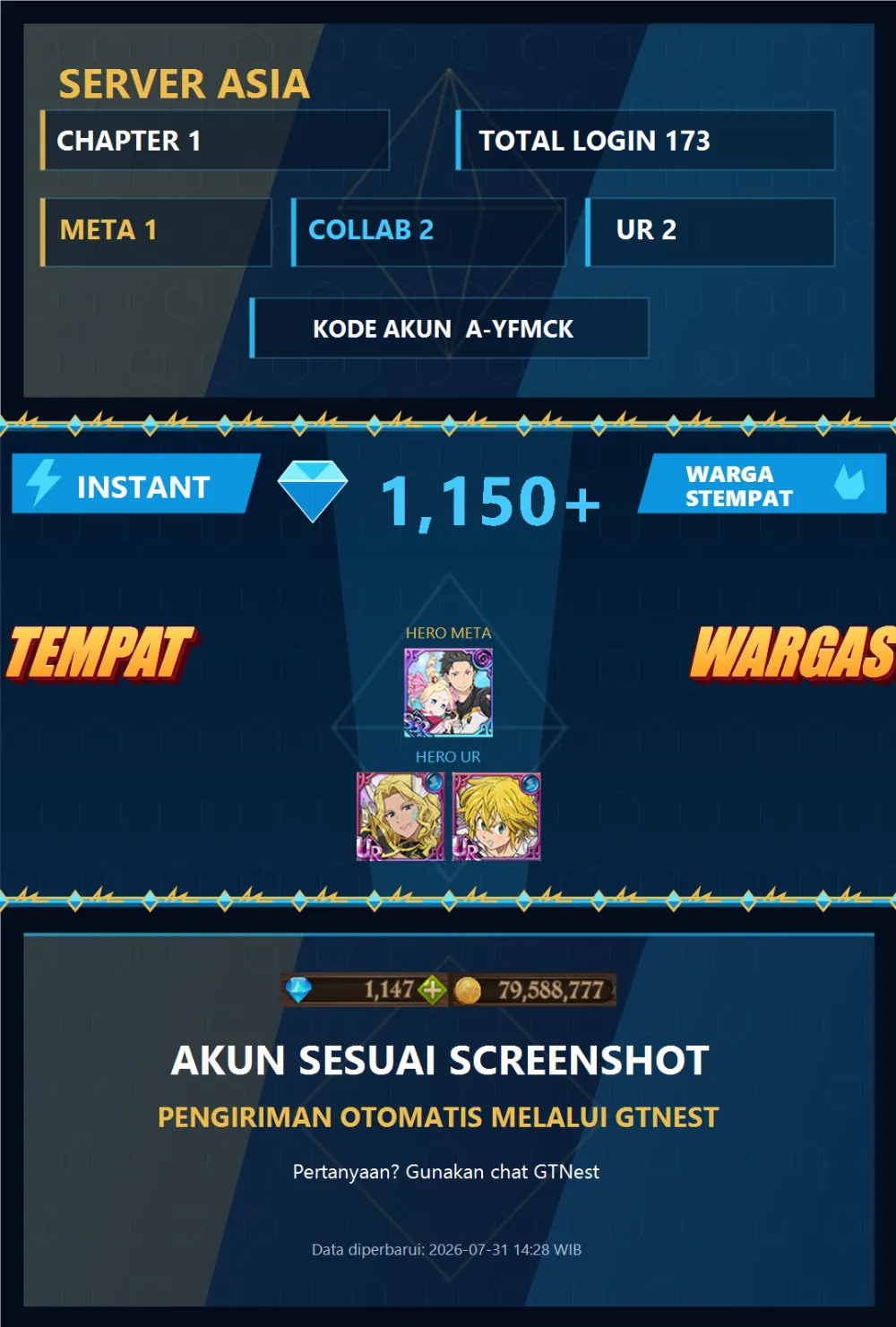 ASIA 1150💎 | SUBARU BEATICE RE ZERO | A-YFMCK | AKUN GACHA STARTER TIMBUNAN 7DS