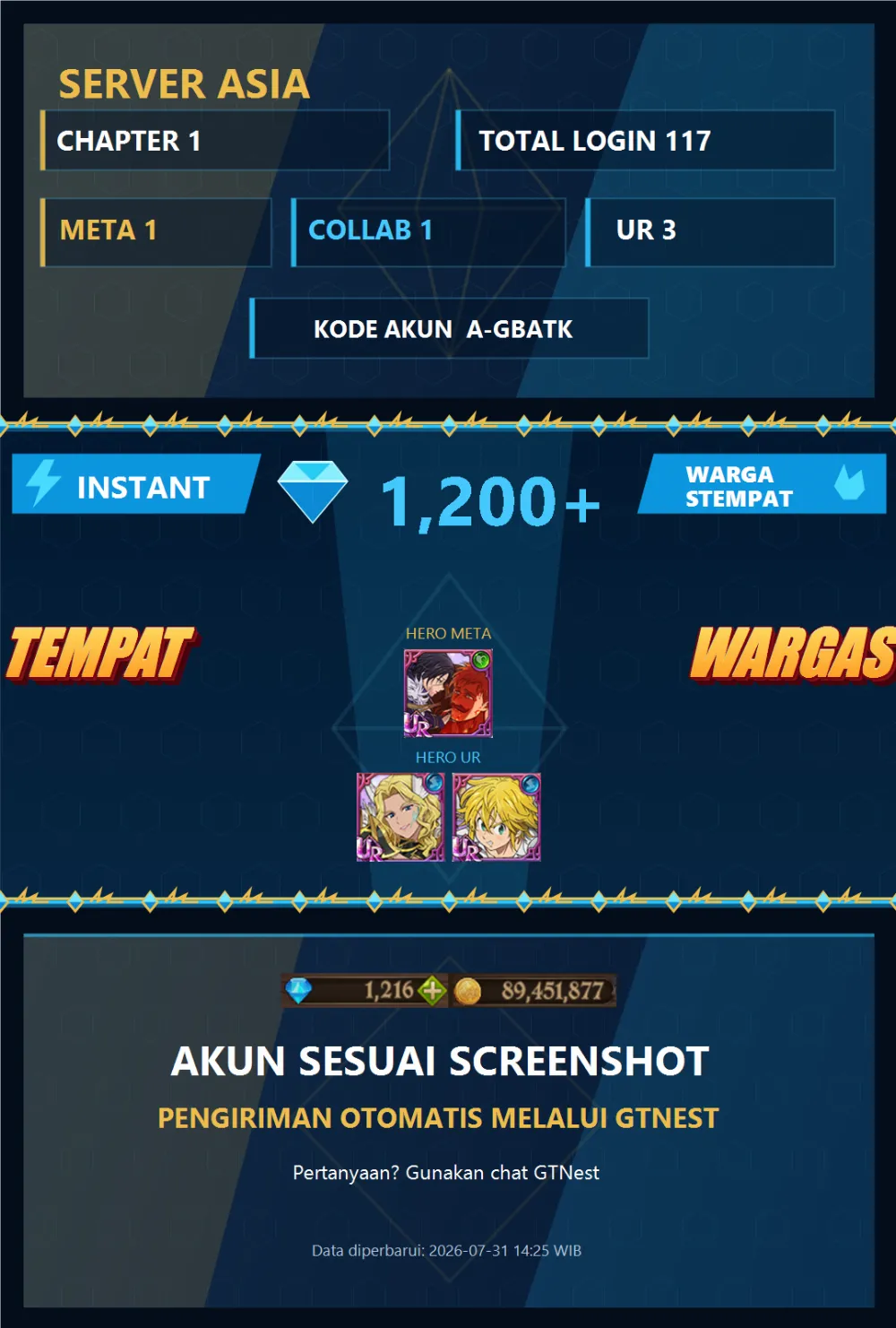 ASIA 1200💎 | MENOR | A-GBATK | AKUN GACHA STARTER TIMBUNAN 7DS