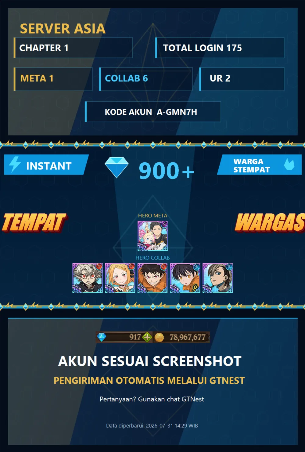 ASIA 900💎 | SUBARU RUDO SHINRA | A-GMN7H | AKUN GACHA STARTER TIMBUNAN 7DS