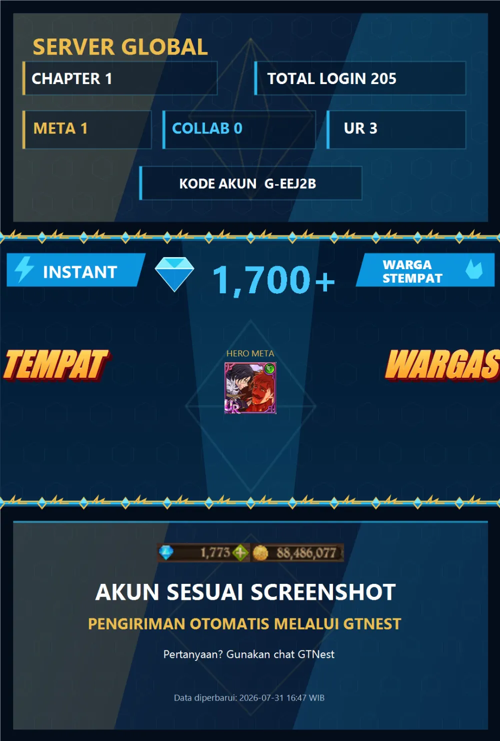 GLOBAL 1700💎 | MENOR | G-EEJ2B | AKUN GACHA STARTER TIMBUNAN 7DS