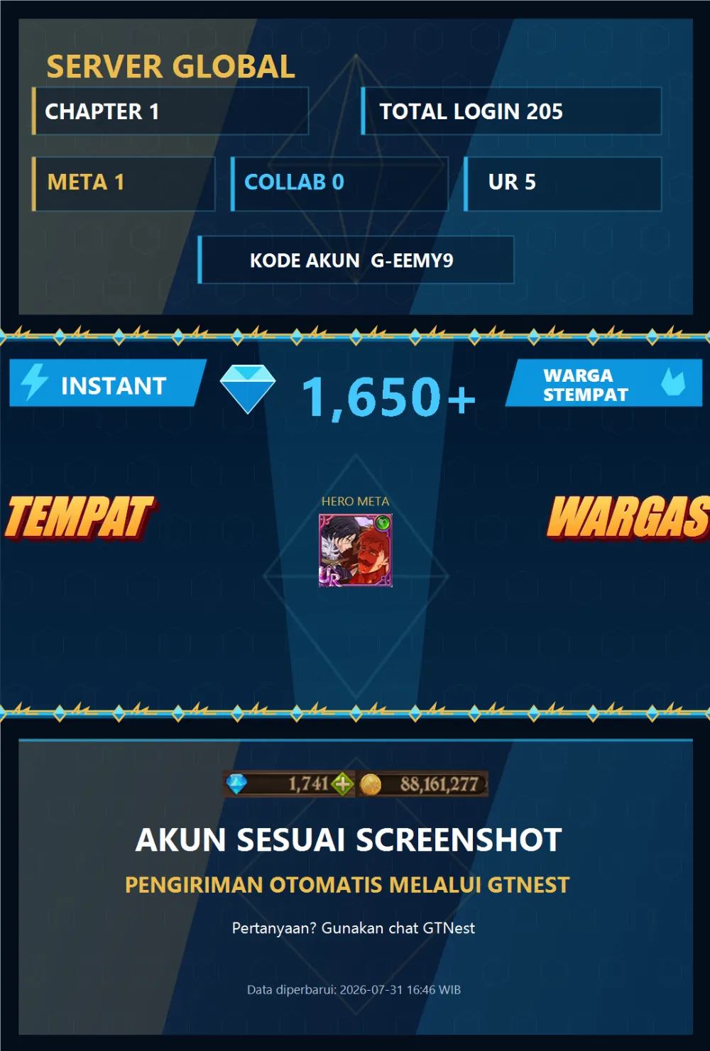 GLOBAL 1650💎 | MENOR | G-EEMY9 | AKUN GACHA STARTER TIMBUNAN 7DS