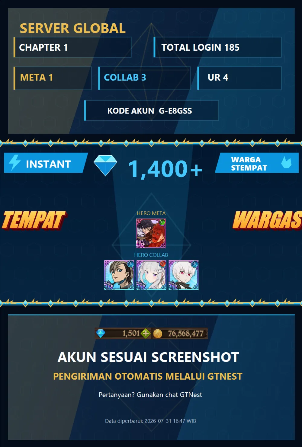 GLOBAL 1400💎 | MENOR SKULD SHO EMILIA | G-E8GSS | AKUN GACHA STARTER TIMBUNAN 7DS