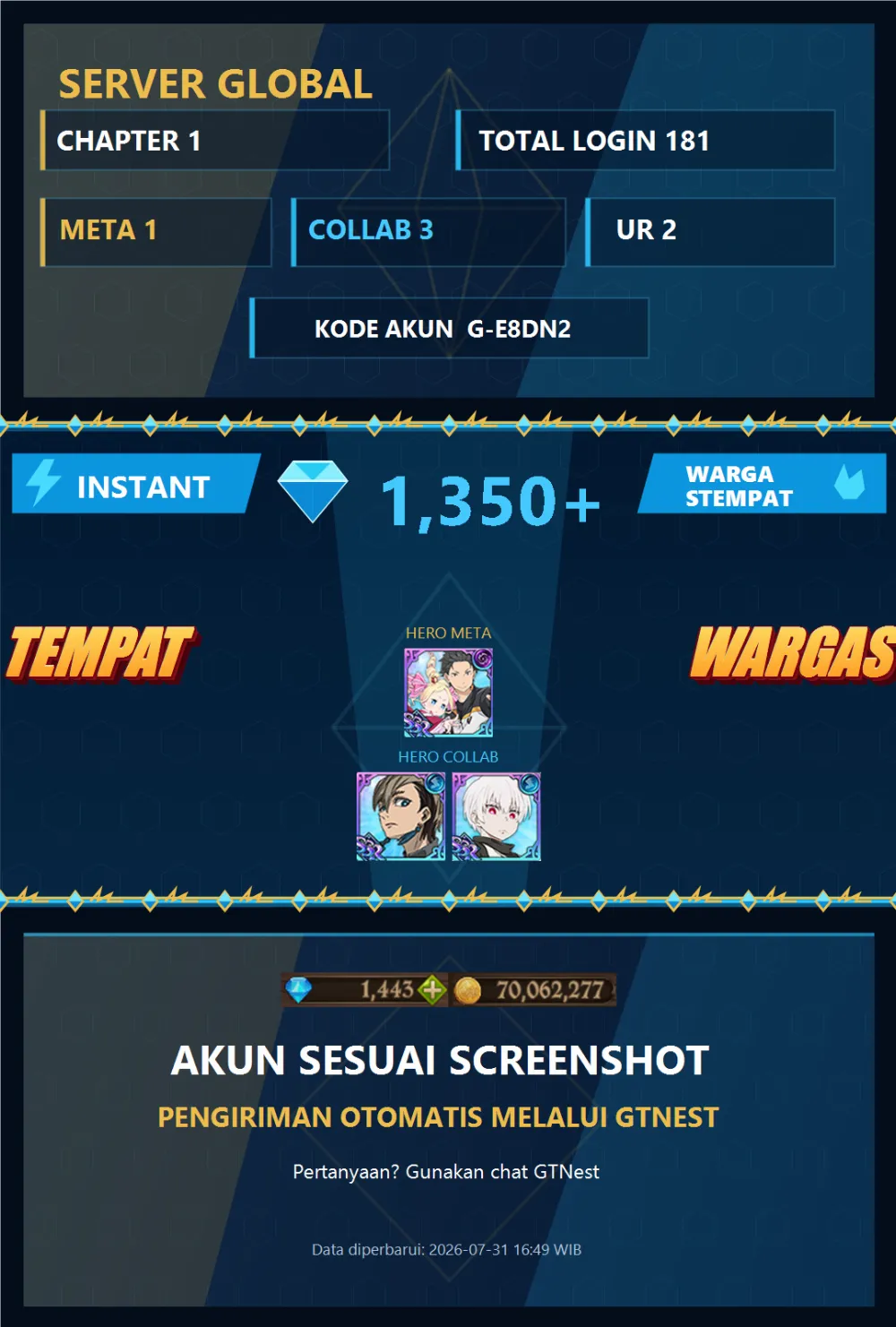GLOBAL 1350💎 | SUBARU BEATRICE SHO | G-E8DN2 | AKUN GACHA STARTER TIMBUNAN 7DS