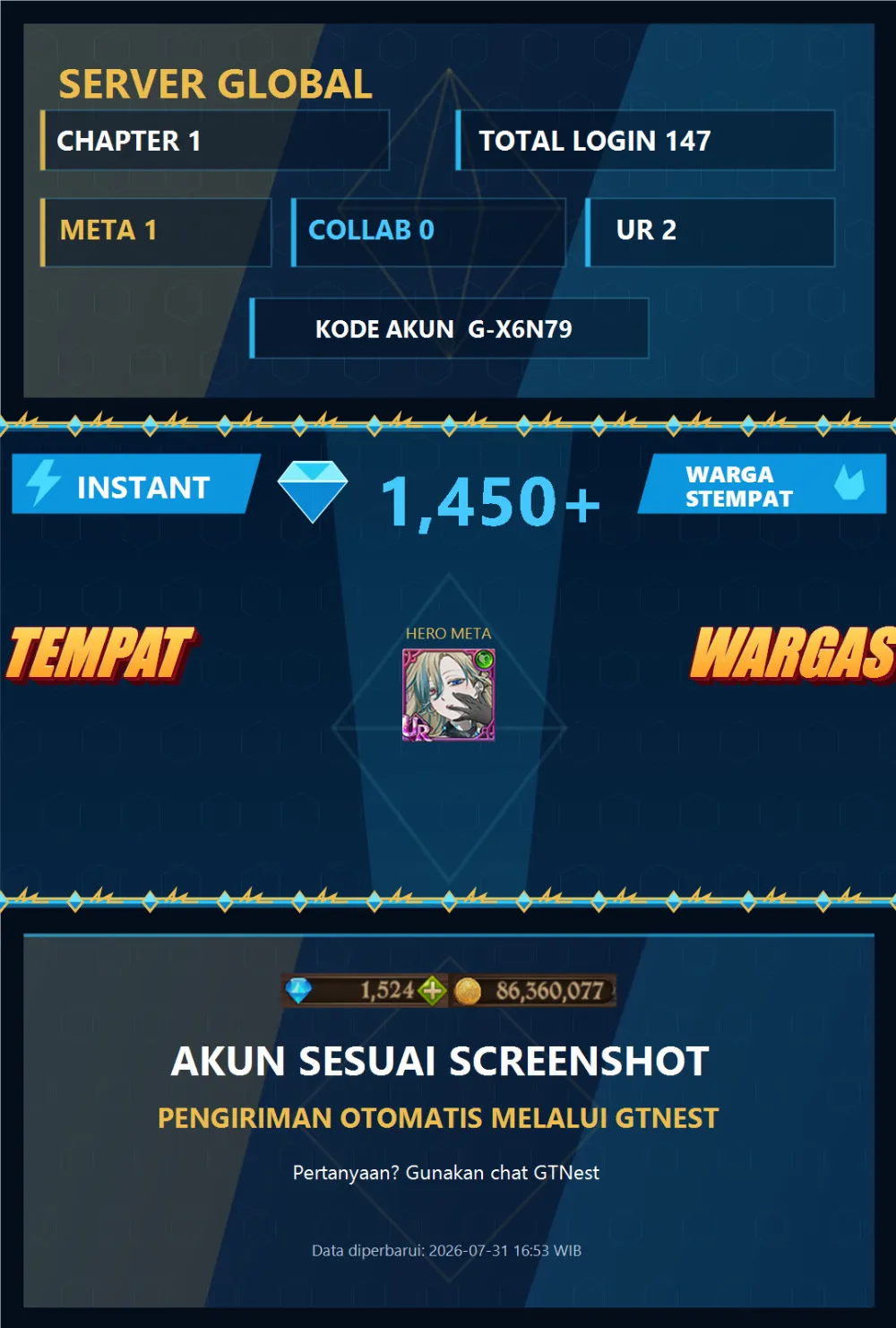 GLOBAL 1450💎 | SALOS | G-X6N79 | AKUN GACHA STARTER TIMBUNAN 7DS