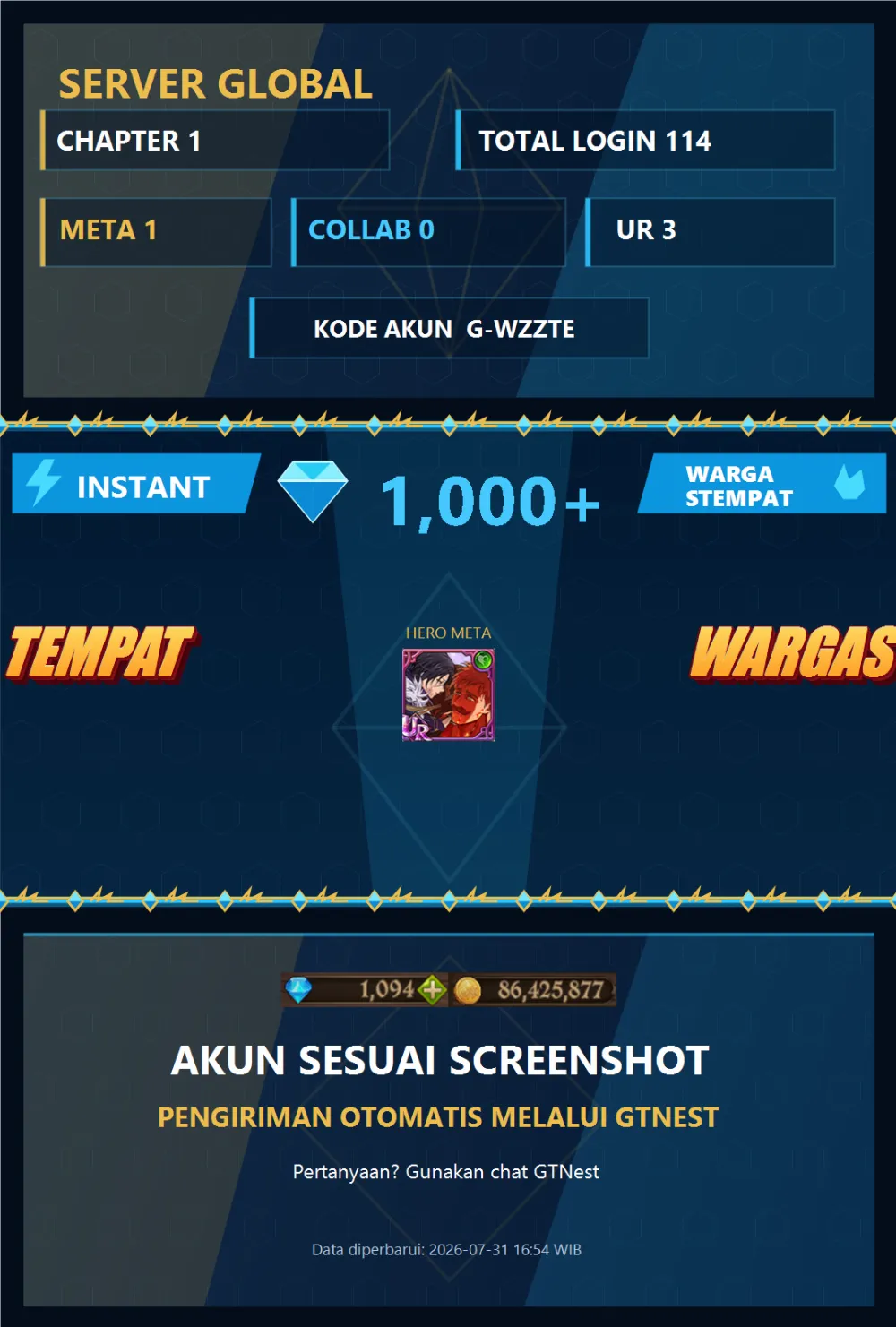GLOBAL 1000💎 | MENOR | G-WZZTE | G-EZZET | G-WZZ28 | AKUN GACHA STARTER TIMBUNAN 7DS