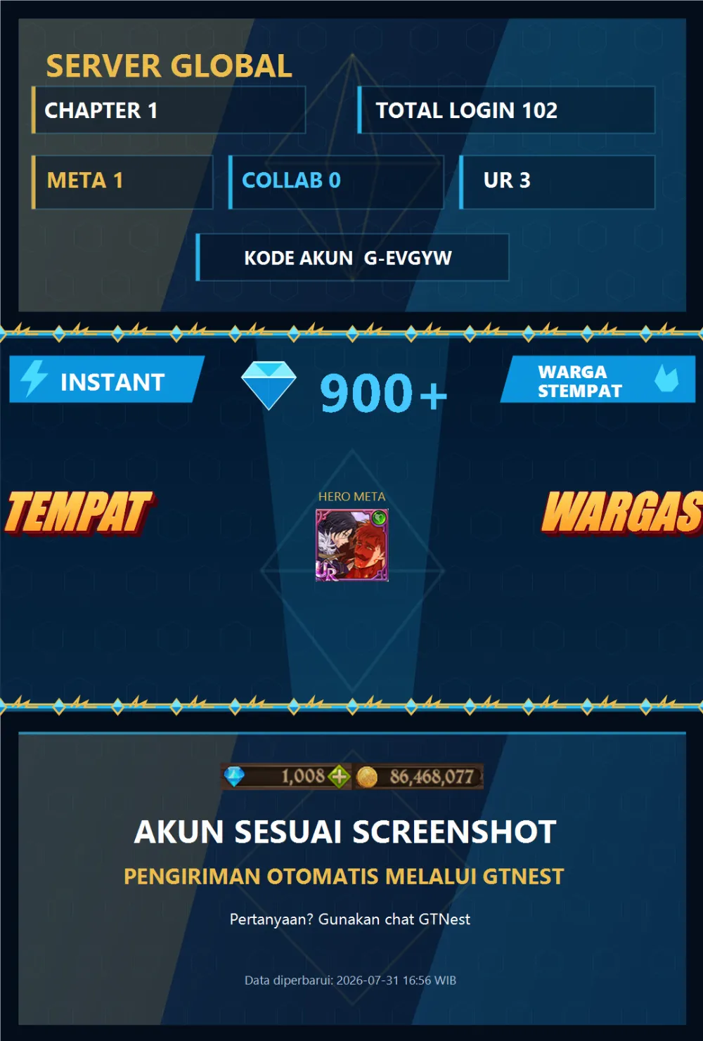 GLOBAL 900💎 | MENOR | G-EVGYW | G-X25RC | AKUN GACHA STARTER TIMBUNAN 7DS