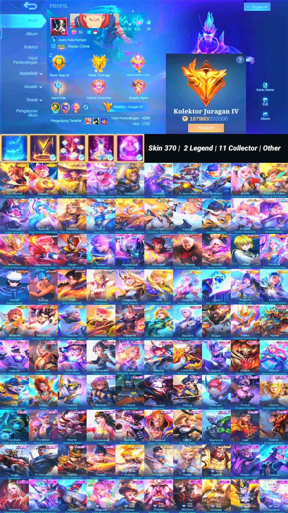 Skin 370 | 2 Legend | 11 Collector | 3 Aspirants | 2 Ducati | 2 Exorcist | 2 Allstar | Vessel Hanabi