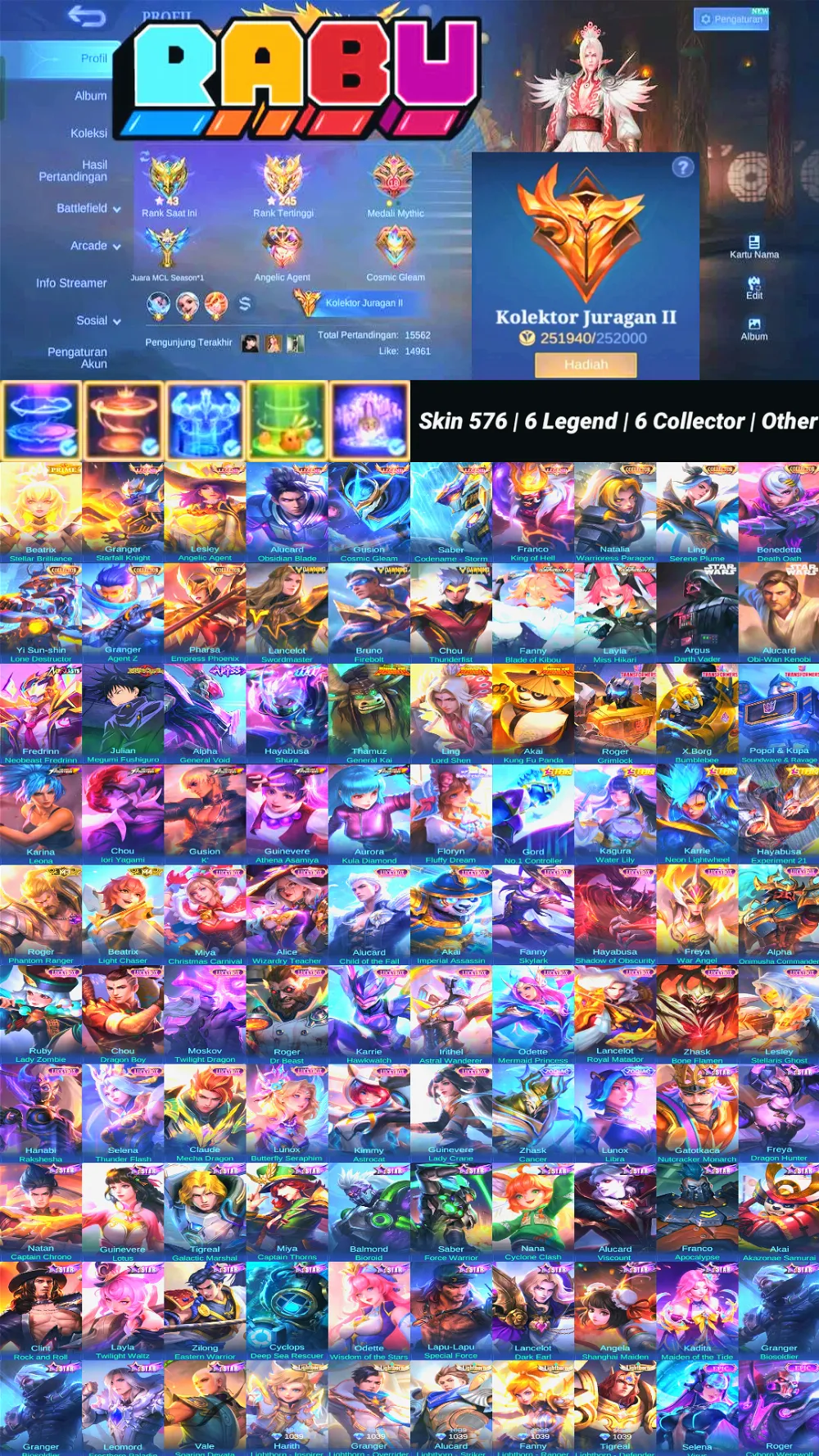 Skin 576 | 6 Legend | 6 Collector | Full Skin KungFuPanda | 3 Dawning | 2 Starwars
