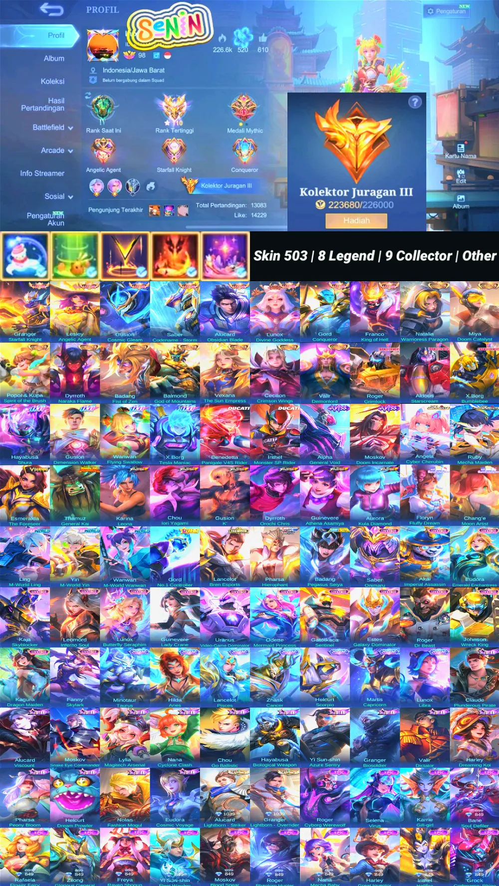 Skin 503 | 8 Legend | 9 Collector | 2 Ducati | 2 Abyss | 2 Aspi | 2 Sanrio | 3 Transformers