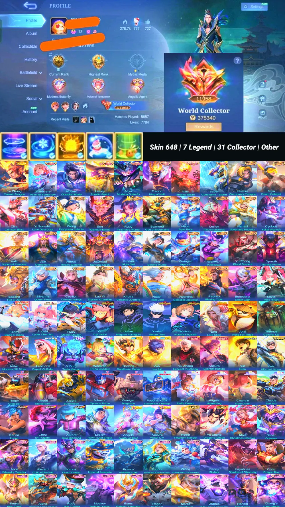 World Collector | Skin 648 | 7 Legend | 31 Collector | Full Skin Jujutsu,KungFuPanda