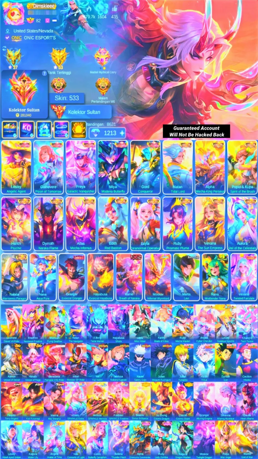 World Collector | Skin 533 | 5 Legend | 13 Collector | Diamond 1K | Full Skin Jujutsu,HxH