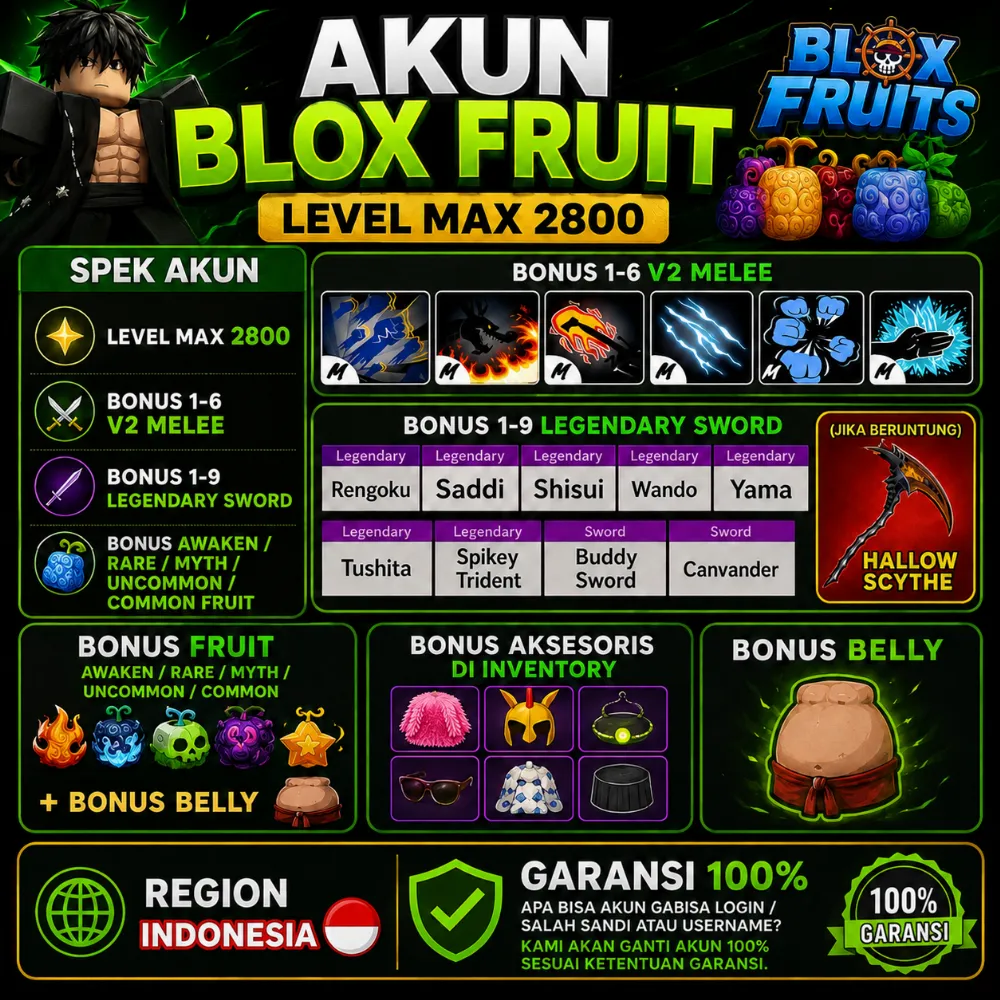 AKUN BLOX FRUIT LEVEL MAX + GODHUMAN + SKULL GUITAR / HOLLOW SCHYTE