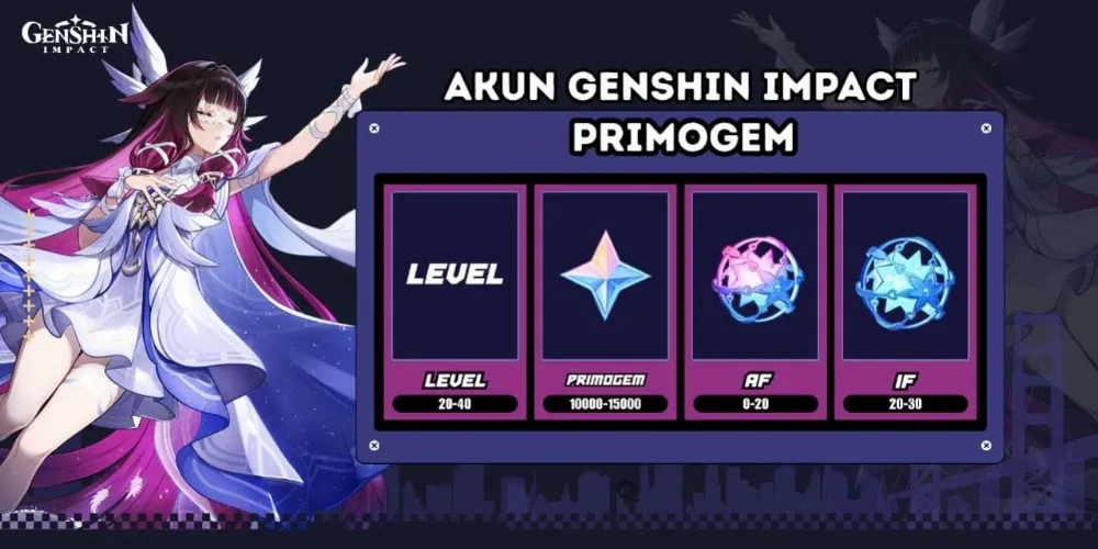 Akun Gacha Reroll Puluhan Ribu Primogem + 1X Karakter Bintang 5 random Aman Bergaransi.