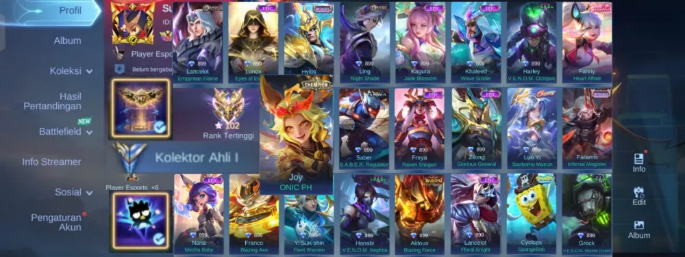 AKUN MLBB ANTI HACKBACK + HERO 133 + SKIN 218 + EMBLEM MAX + ALL UNBIND | JOY ONIC + LUOYI CREATE